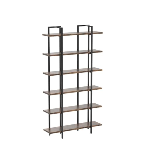 CAPHAUS Vintage Industrial 6-Tier Bookshelf in Rustic Oak – 86" High Open Display Unit with Durable Metal and Wood Design CAPHAUS