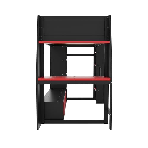 Wooden Gaming Loft Bed with Desk & Storage Shelves & Hanging Clothes Rack,Twin Size Loft Bed Frame with LED Light,Safety Guardrails and Ladder for Kids Teens Adults Room Use,No Box Spring Needed,Black Harper & Bright Designs