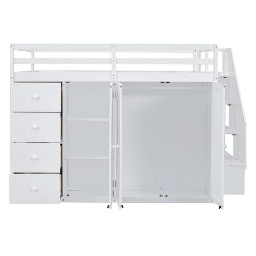 Ball & Cast Full Size Loft Bed with Storage Staircase & Safety Guardrail,Sturdy Wood Bedframe W/ 3 Cabinets & 4 Drawers,Built-in Wardrobes,Space Saving,for Boy Girl Kids Small Bedroom Dormitory,White Ball & Cast