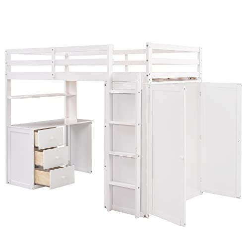 Harper & Bright Designs Twin Loft Bed with Desk and Wardrobe, Solid Wood Loft Bed Frame with Storage Drawers, for Kids Teens Adults (Twin Size, White) Harper & Bright Designs