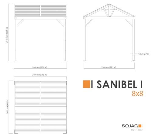 Sojag 8' x 8' Sanibel I Hardtop Gazebo Outdoor Weather-Resistant Aluminum Frame Sun Shelter Light Grey Sojag
