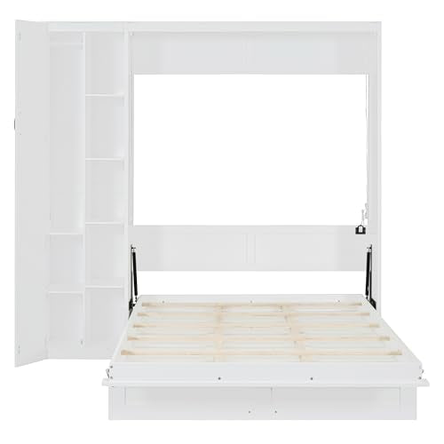 Merax Full Size Murphy Bed Wall Bed with Shelves, Drawers and LED Lights,White Merax