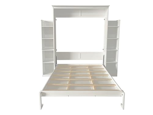 PVWIIK Queen Size Murphy Bed with 5-Tier Shelves and LED Lights,Foldable PlatformBed Vertical Wall Bedframe for Small Space,Bedroom,Living Room,White PVWIIK