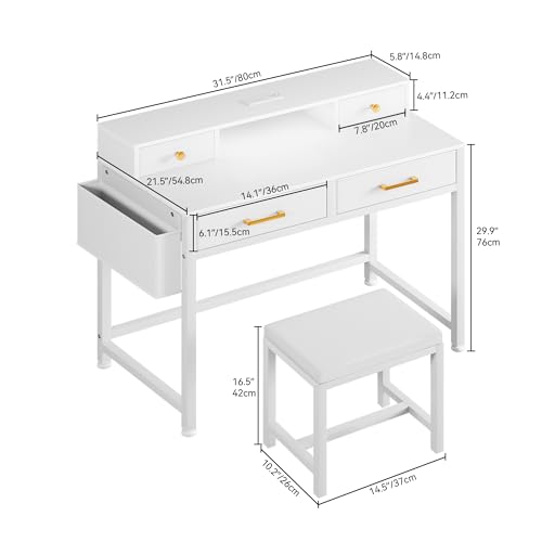 DWVO Small Vanity Table with Stool, RGB Light Strips, Makeup Desk with Storage Drawers, Charging Station, Side Hook & Fabric Pocket, Mirrorless DWVO