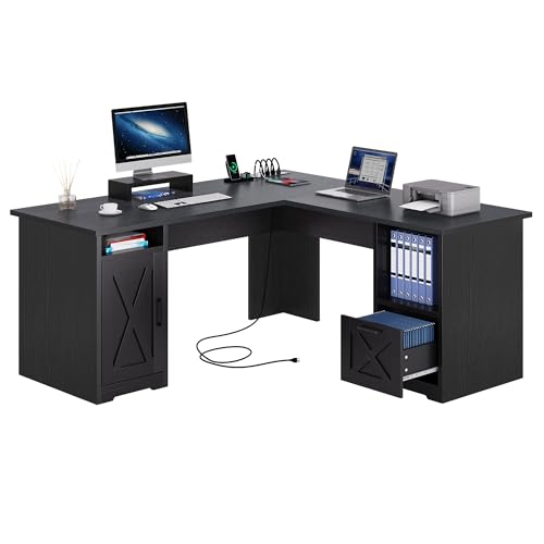 YITAHOME L Shaped Desk with Power Outlets, 60 Inch Computer Desk Corner Desk with File Drawer, Home Office Desk with Monitor Stand & Storage Shelves, L-Shaped Desk with File Cabinet, Black YITAHOME