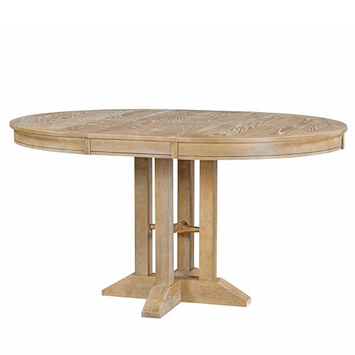 JIJIWANG Round Extendable Dining Table with 16” Leaf,Farmhouse Oval Kitchen Table with Solid Wood Frame for 4-6(Natural Wood Wash) JIJIWANG