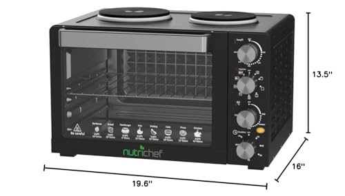 NutriChef 30 Quart Kitchen Convection Oven & 2 Burner Cooker - 1500 Watt Oven - 7 Cook Functions Rotisserie, Cook, Bake, Broil & More - Includes Baking Tray, Skewers & Handles - 19.6 x 16.0 x 13.5 IN NutriChef