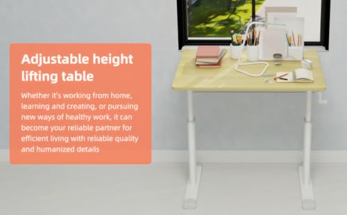 Penau Height Adjustable Standing Desk, Manual Crank Sit Stand Computer Desk, Compact Rectangular Home Office Study Desk, White Frame Natural Wood Top, 32.68 x 23.62 x 35.43 Inchs Penau