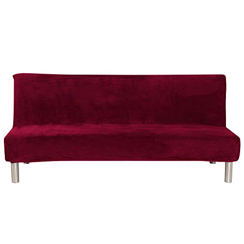 MIFXIN Armless Sofa Bed Cover Stretch Futon Slipcover Plush Thicker Solid Color 3 Seat Full Folding Sofa Couch Futon Furniture Protector Cover Without Armrests (Red) MIFXIN