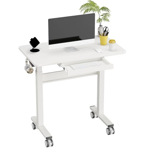DAWNYIELD Standing Desk for Walking Pad with Wheels, Pneumatic Cordless Height Adjustable Rolling Desk, Mobile Computer Workstation with Drawer Hook Locking Casters for Treadmill & Home Office, White DAWNYIELD