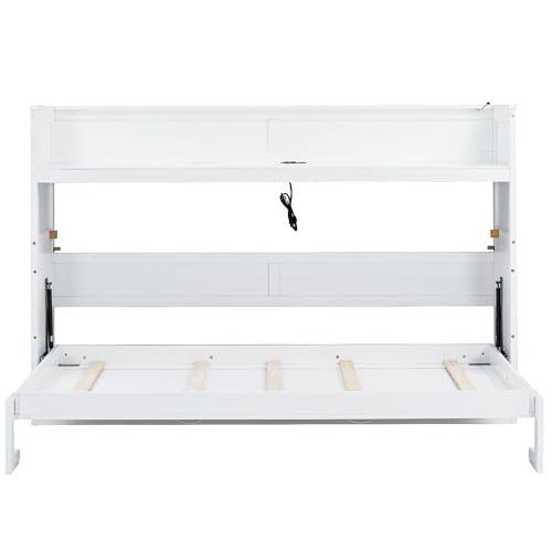 Ball & Cast Twin XL Size Murphy Bed Chest with Desk,can be Folded,Solid Pine Hideaway Cabinet Bedframe w/LED Light and USB Charging Station,for Home Office Small Room Living Room,White Ball & Cast