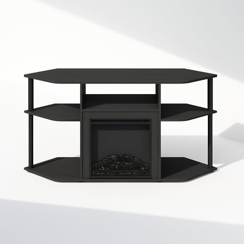 Furinno Jensen Fireplace TV Stand, NO Heat Decorative Electric Fireplace Corner Open Shelf TV Stand for TV up to 55 Inch, for Living Room, Dark Americano Furinno
