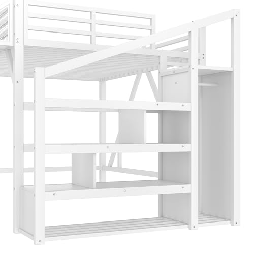 Bellemave Metal Full Size Loft Bed with Stairs and Wardrobe,Heavy Duty Loft Bed Frame with LED Lights and Charging Station for for Kids,Teens,Adults,White Bellemave