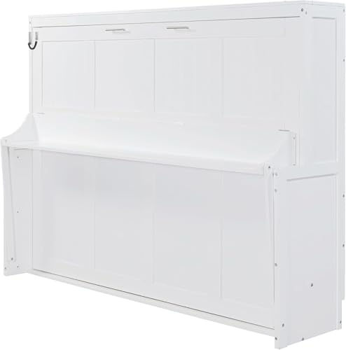 MERITLINE Queen Horizontal Murphy Bed with Desk,Wood Folding Hideaway Murphy Wall Bed for Adult,Guest Room,No Box Spring Needed, Easy Assembly (White,Queen) MERITLINE