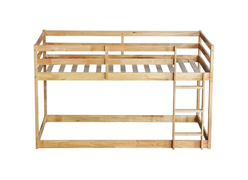 PVWIIK Full Over Full Wood Bunk Bed Frame with Ladder & Safety Guard Rails for Kids,Boy,Girl Bedroom,Space Saving Design & No Box Spring Needed,Easy to Assemble, Natural PVWIIK