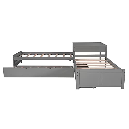 Merax L-Shaped Platform Bed with Trundle, Drawers and Built-in Desk, Wood Bed for Teens, L Shaped Twin Bed, Grey Merax
