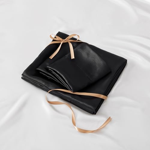 BEDELITE Satin Fitted Sheet and Pillowcases Set, Luxury Soft Similar to Silk Bottom Bed Sheet with Elastic Corner Straps, Deep Pocket up to 15 Inch, 1 Fitted Sheet and 2 Pillowcases(Full, Black) BEDELITE