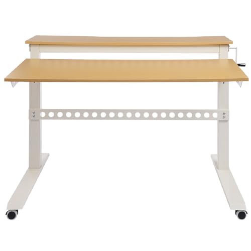 Ongniong 2 Tier Standing Rolling Desk Adjustable Height 47" Wide Manual Crank Mobile Standing Desk with Steel Frame Portable Stand up Desk Double Level Workstation 66.14lbs Weight Capacity Ongniong