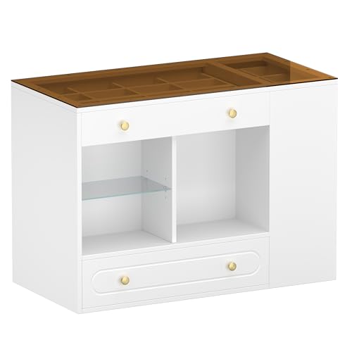Merax Wood Closet Island with 6 Drawers 47.3" Wardrobe Armoire Bedroom Island with Glass Top and Open Shelves, Jewelry Storage Vanity Island with Compartments, Cloakroom Walk-in Closet Island (White) Merax