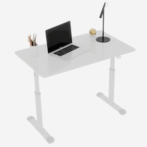 Penau Adjustable Height Standing Desk, Manual Crank Sit Stand Computer Desk, Minimalist White Engineered Wood Top, White Iron Double Column Frame, 39.37 x 23.62 x 35.43 Inchs Penau