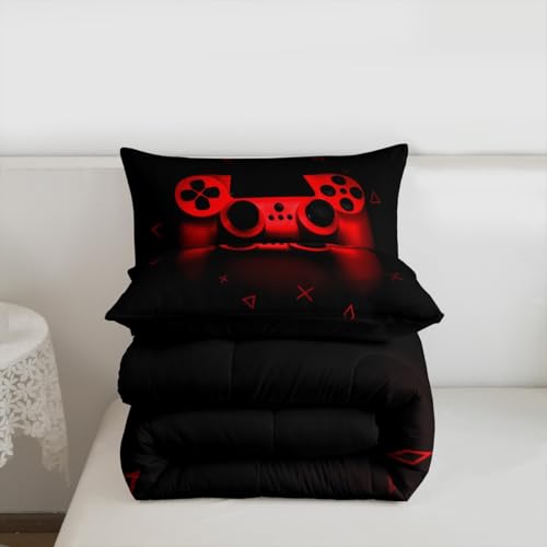 Boys Gamer Comforter Set Twin Size,Gamepad Bedding Set Kids Young Man Video Games Down Comforter for Teen Child Game Room Decor Black Red Classic Retro Gaming Quilted Duvet Set with Pillowcase Erosebridal