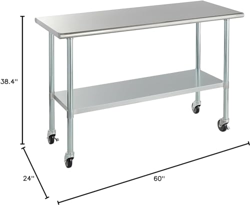 ROCKPOINT Stainless Steel Table for Prep & Work with Caster Wheels 60x24 Inches, NSF Metal Commercial Kitchen Table with Adjustable Under Shelf and ROCKPOINT