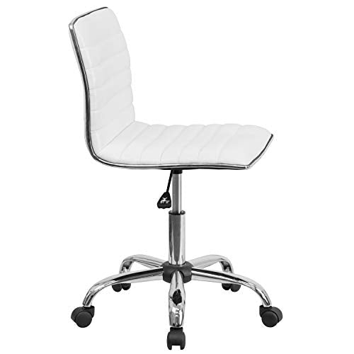 Flash Furniture Alan Low-Back Ribbed Upholstered Vinyl Swivel Desk Chair with Padded Seat, Modern Adjustable Height Padded Office Chair, White Flash Furniture