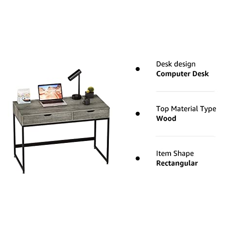 Bestier Rectangular Two Drawer Writing Computer Desk, Modern Engineered Wood Design, Stainless Steel Leg Frames, Modern Industrial Design, Gray Bestier