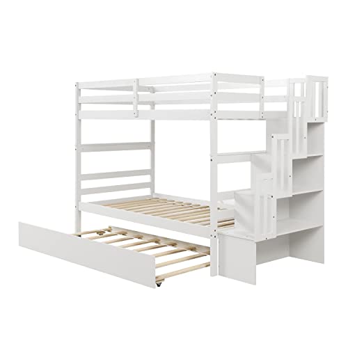 Twin Over Twin Bunk Bed with Trundle,Solid Wood Bunk Beds with Storage Stairs,Bunk Bed Twin Size with Stairs for Kids,Teens,Adults,White Bellemave