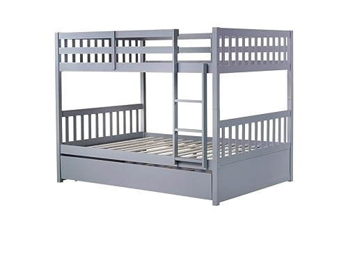 PVWIIK Full Over Full Bunk Bed with Twin Trundle, 3-in-1 Solid Rubberwood Loft Bed Converts to 2 Full Beds, Includes Ladder & Guardrails, Grey PVWIIK