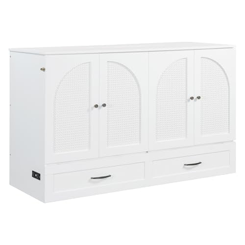 Ball & Cast Murphy Bed Queen Size Bedroom Folding Wall Cabinets Frame with Large Drawer and USB Ports,Hideaway Bed w/Tri-Fold Mattress Design,for Guest Room,Study,Office,White Ball & Cast