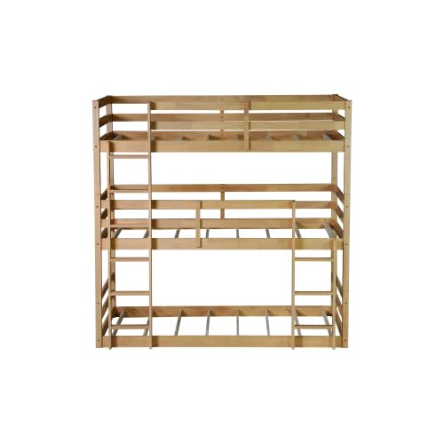 PVWIIK Triple Bunk Bed with Built-in Ladders & Guardrails for Kids' Bedroom, Bunk Bed w/Detachable Twin Bunk Bed for Dorm, Guest Room, No Box Spring Needed, Easy Assembly, Oak PVWIIK