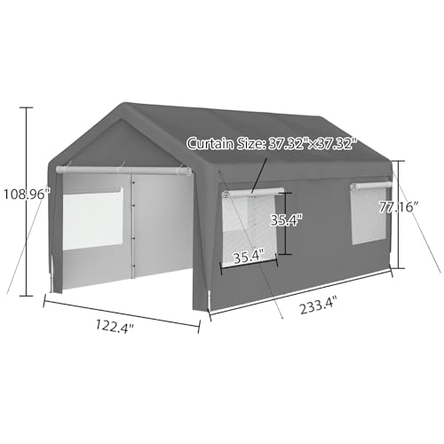 Trygoal 10x20 FT Heavy Duty Carport, Outdoor Storage Shed Tent with Removable Sidewalls & Roll-Up Ventilated Windows, All-Season Portable Garage Shelter with Rubber Ropes & Ground Anchors, Grey Trygoal