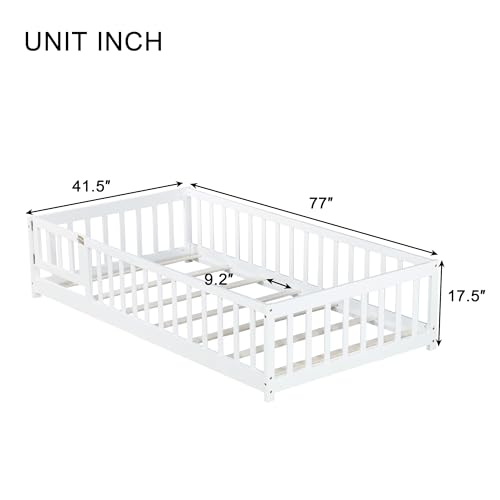 Twin Floor Bed with Slats, Fence and Door, Twin Size Montessori Floor Bed for Kids, Girls, Boys, Easy Assemble Montessori Bed Frame(Twin White) Bellemave