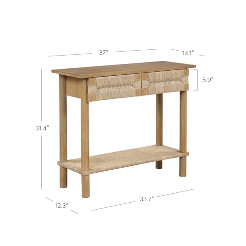 Nathan James Beacon Wooden Sofa Console Table with Drawers, Bohemian Entryway Table, Hallway Table with Seagrass Shelf, Light Brown Nathan James
