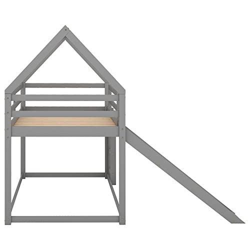 MERITLINE Twin Over Twin House Bunk Beds with Slide, Low Floor Bunk Bed for Kids, Girls, Boys,Grey MERITLINE
