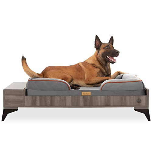 TailZzz Wooden Dog Bed with Mattress, Large to Extra Large Water-Resistant Elevated Pet Bed, Wooden Pet Bed with Storage, Greenguard Gold Certified, Machine Washable, Smokey Grey, Wyatt TailZzz