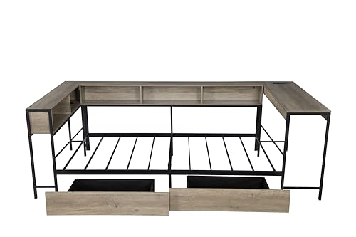 Modern Twin Size Corner Bed Frame with Storage Bookcase and Desk, 2 Underbed Drawers, LED Lights& Charging Station, Reversible Left/Right, Metal Platform Daybed, 96.9"L x 46.9"W x 31.5"H (Grey, Twin) Deolme