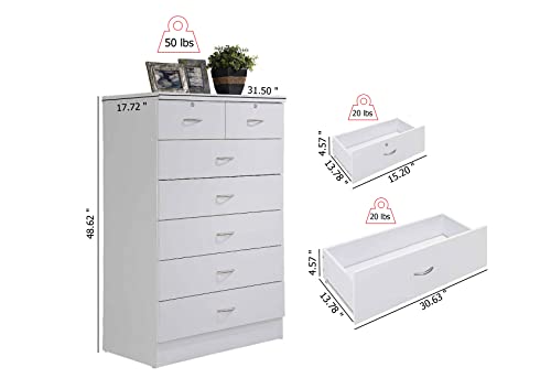 HODEDAH 7 Drawer Wood Dresser for Bedroom, 31.5 inch Wide Chest of Drawers, with 2 Locks on the Top Drawers, Storage Organization Unit for Clothing, White Hodedah