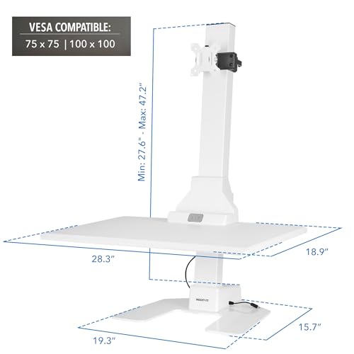 Mount-It! Electric Standing Desk Converter, Adjustable Tabletop Sit Stand Desk Riser with Single Monitor Mount for Monitors up to 32", Freestanding 28" Wide Platform Rises up to 20.75" White Mount-It!