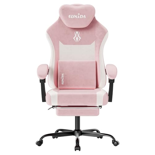SUKIDA Plush Fabric Gaming Executive Office Chair, Ergonomic High-Back Computer Desk Chair with Large Adjustable Lumbar Support, Headrest and Linked Armrests for Long Hours Sitting Task Chair, Pink SUKIDA