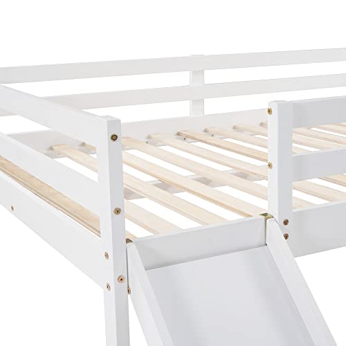 Full Size Loft Bed with Slide, Low Loft Bed with Ladder & Safety Rail, Wooden Full Loft Bed Frame for Kids Teens Girls & Boys, No Box Spring Needed, Easy Assemble (Full, White) Harper & Bright Designs