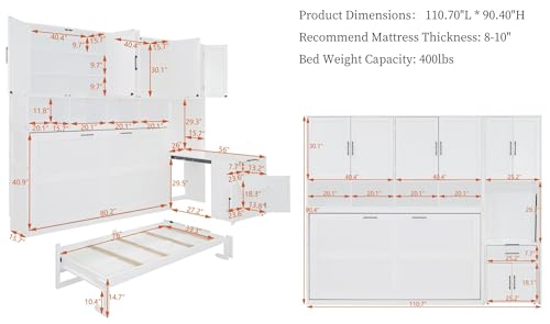 Merax 90.4"H Twin Size Murphy Bed Cabinet With Built-in Desk, Storage Closet, Drawers & Shelves, Wood Foldable Hidden Wall Platform Bedframe For Home, Bedroom, Small Room, Apartment, Reversible, White Merax