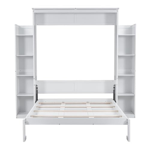 PVWIIK Queen Size Murphy Bed with 5-Tier Shelves and LED Lights,Foldable PlatformBed Vertical Wall Bedframe for Small Space,Bedroom,Guest Room,White PVWIIK