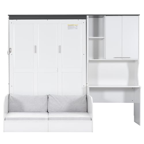Merax Farmhouse Multi-Functional Murphy Bed with Sofa, Desk & Storage Cabinet,Solid Wood Foldable Wall Bed/Space Saving/No Box Spring Needed/Full,White + Gray Merax
