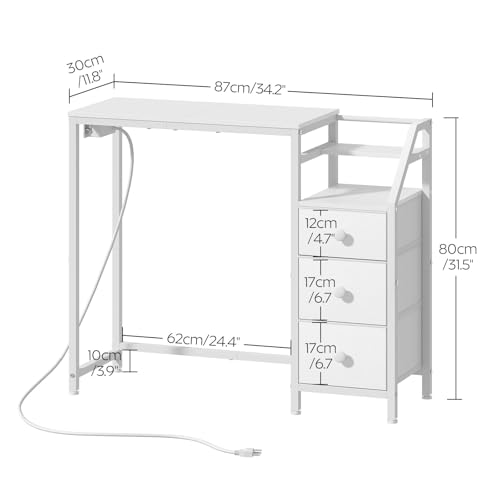 YATINEY Small Vanity Desk Without Mirror, Makeup Vanity Table with Power Outlet, White Vanity with Fabric Drawers, Dressing Table, for Small Spaces, Bedroom, White YATINEY