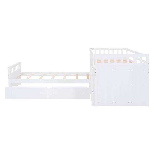 Ball & Cast L-Shaped Space-Saving Twin Low Loft with Platform Bed,Bunk Bedframe W/Full Safty Guardrails & 7 Drawers,Sturdy Construction,Easy Assembly,Functional Bedroom Set for Boy Girl Keens,White Ball & Cast