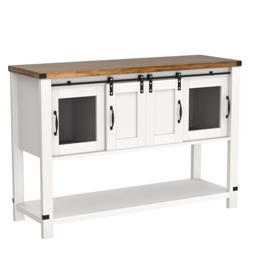 Farmhouse Coffee Bar Cabinet with Sliding Barn Doors and Storage - 47'' White Coffee Table with Open Shelf for Living Room 4ever2buy