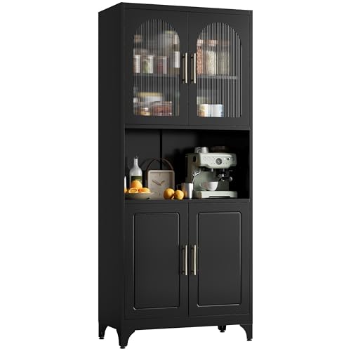 Kubohogar 75" Tall Kitchen Pantry Cabinet, Metal Storage Cabinets with Acrylic Doors and Adjustable Shelves, Hutch Cabinet with Storage, Black Microwave Stand Cabinets for Dining Living Room Kubohogar