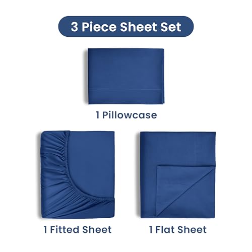 3 Piece Twin Sheets Set | Twin Bed Sheets Set – Light Weight, Soft Breathable Sheets | Brushed Cotton Rich Blend | Secure-Fit, Wrinkle Resistant, Durable, Easy Care Bed Sheets | Comfy Sheets | Blue Martex